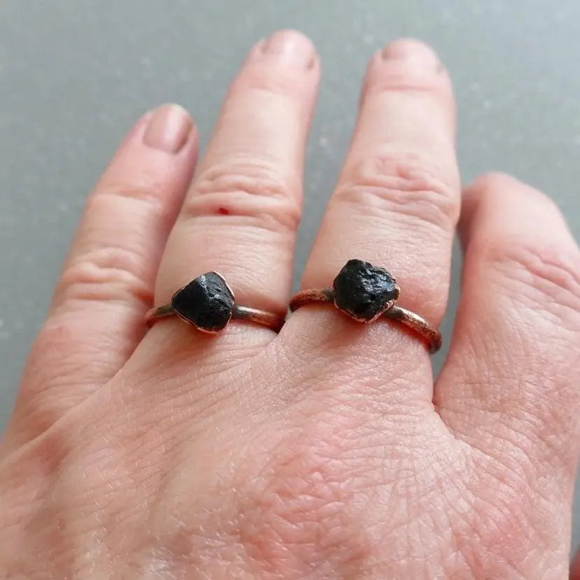 Electroformed Copper Ring: Raw Black Tourmaline, Antique Boho Jewelry - BlackbirdSageStudio