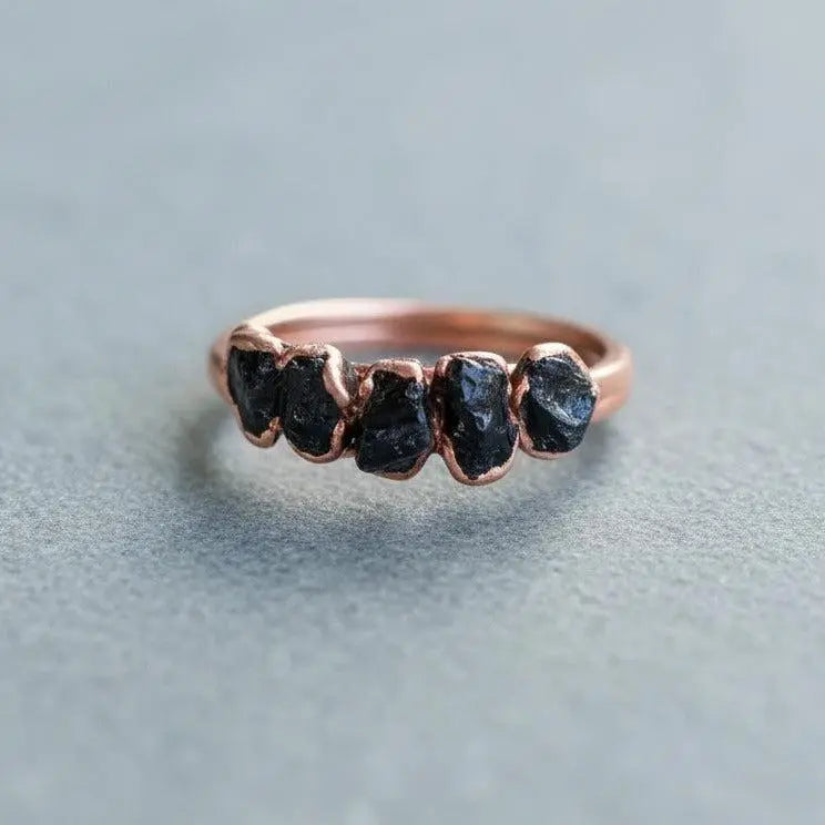 Black Tourmaline Ring: Electroformed Copper, Boho Healing Crystal Jewelry - BlackbirdSageStudio