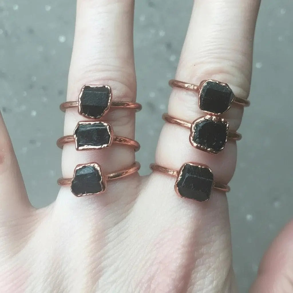 Electroformed Copper Ring: Raw Black Tourmaline Crystal, Boho Jewelry - BlackbirdSageStudio