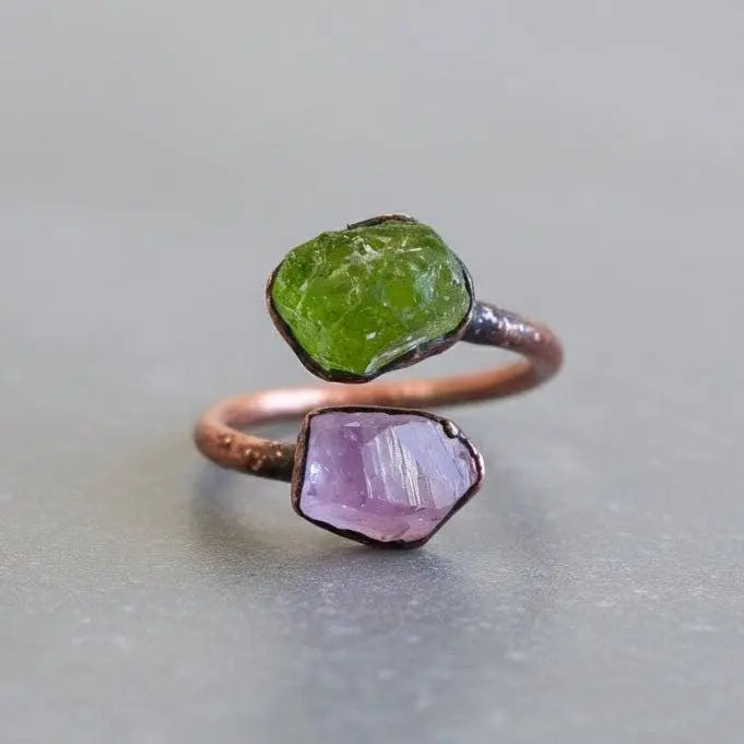 Raw Peridot Amethyst Stone Ring: Electroformed Copper, Handmade Birthstone Jewelry - BlackbirdSageStudio