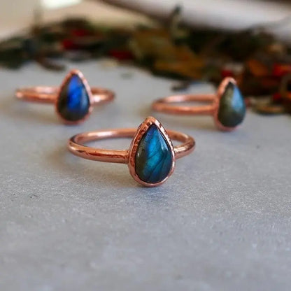 Electroformed Copper Labradorite Ring: Teardrop Boho Jewelry, Crystal Jewelry Gift, Holiday Present For Her - BlackbirdSageStudio