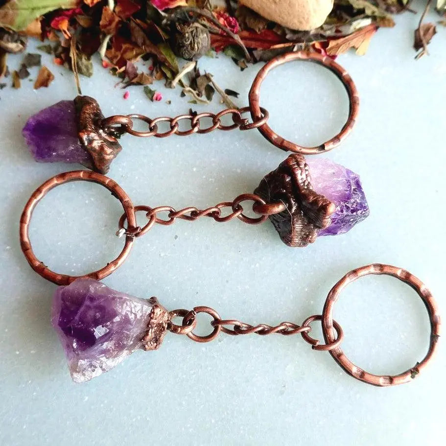 Raw Amethyst Crystal Copper Keychain for Healing Energy - Blackbird & Sage Jewelry