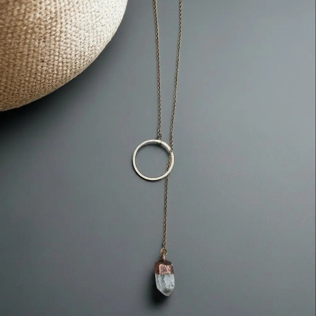 Raw Quartz Lariat Necklace: Electroformed Copper Boho Y Necklace - BlackbirdSageStudio