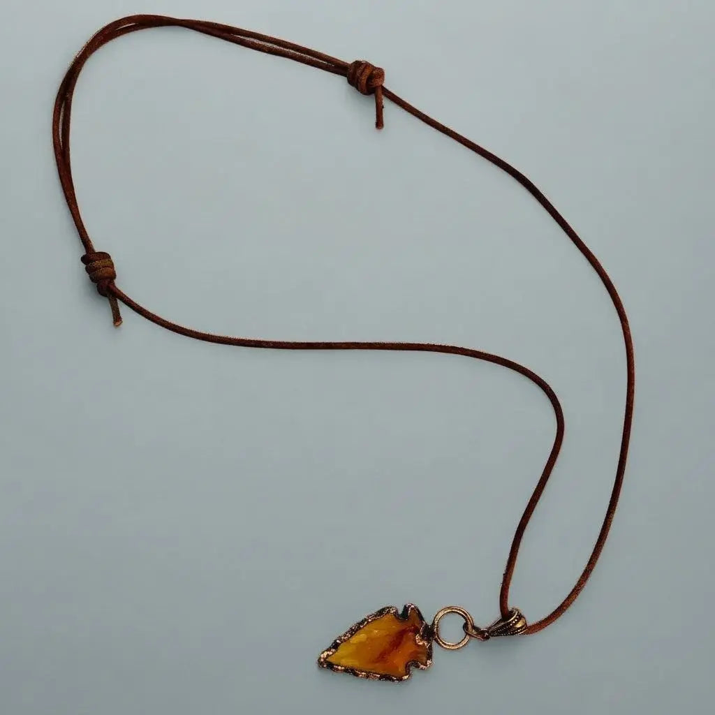 Carnelian Arrowhead Pendant: Copper Electroformed Leather Necklace - BlackbirdSageStudio