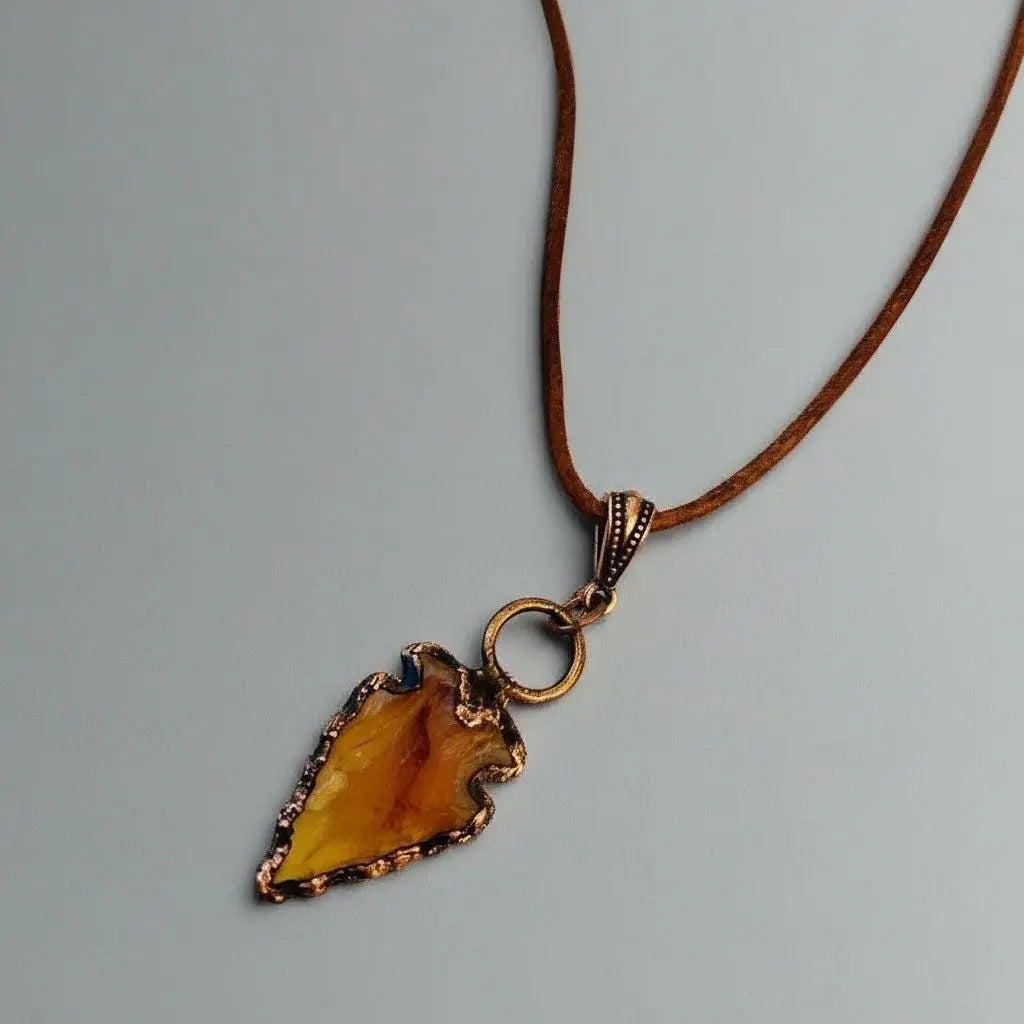 Carnelian Arrowhead Pendant: Copper Electroformed Leather Necklace - BlackbirdSageStudio