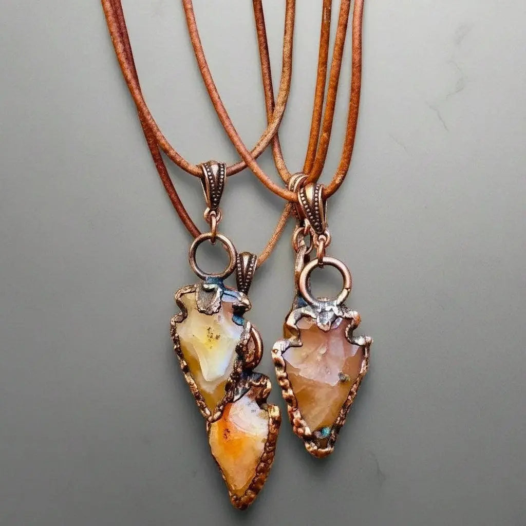 Carnelian Arrowhead Pendant: Copper Electroformed Leather Necklace - BlackbirdSageStudio