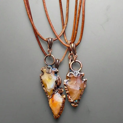 Carnelian Arrowhead Pendant: Copper Electroformed Leather Necklace - BlackbirdSageStudio