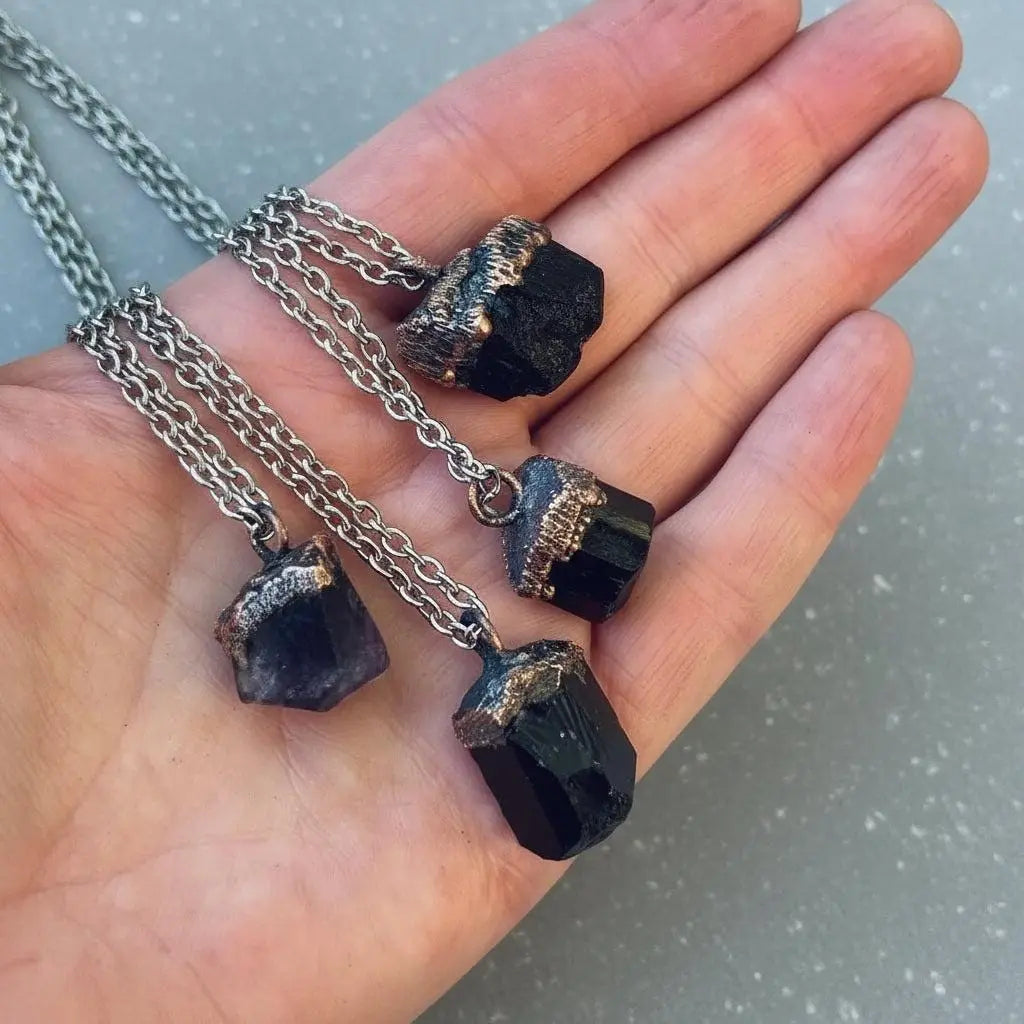 Black Tourmaline Mens Necklace: Electroformed Copper & Steel, Boho Healing Crystal - BlackbirdSageStudio