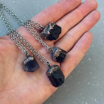 Black Tourmaline Mens Necklace: Electroformed Copper & Steel, Boho Healing Crystal - BlackbirdSageStudio