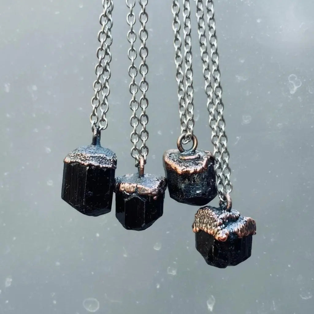 Black Tourmaline Mens Necklace: Electroformed Copper & Steel, Boho Healing Crystal - BlackbirdSageStudio