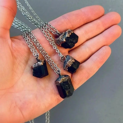 Black Tourmaline Mens Necklace: Electroformed Copper & Steel, Boho Healing Crystal - BlackbirdSageStudio