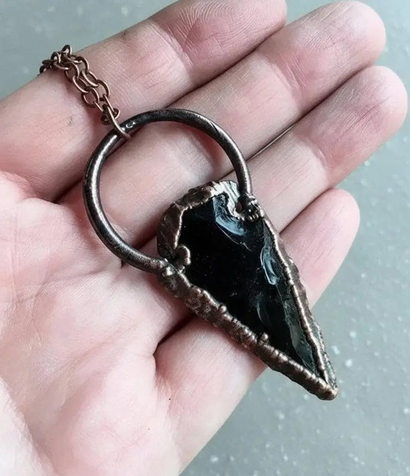 Electroformed Copper Obsidian Arrowhead Pendant Necklace - BlackbirdSageStudio