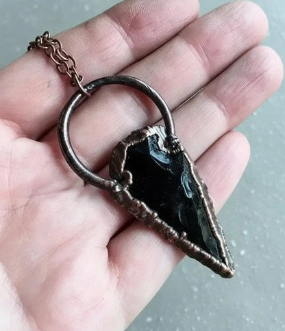 Electroformed Copper Obsidian Arrowhead Pendant Necklace - BlackbirdSageStudio