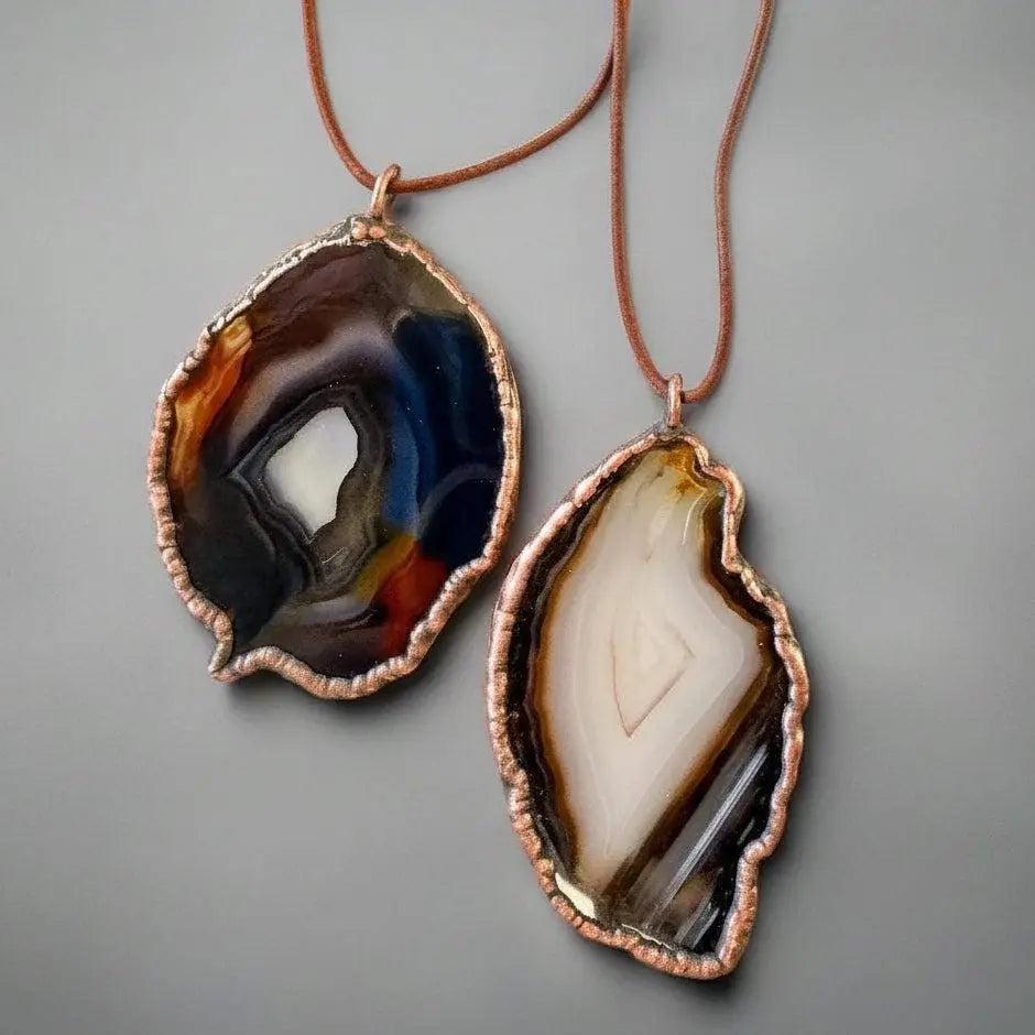 Electroformed Copper Blue Agate Slice Necklace: Handmade Boho Pendant - BlackbirdSageStudio