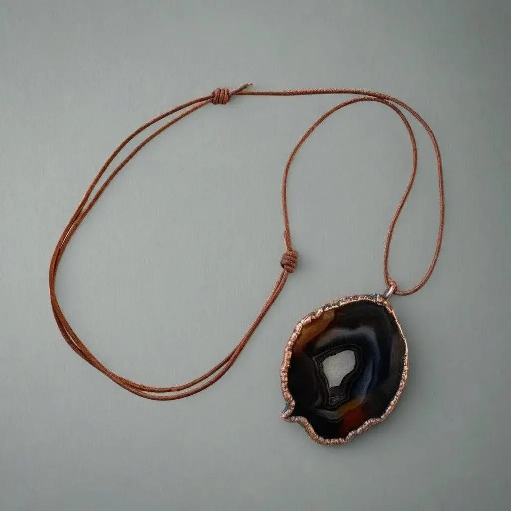 Electroformed Copper Blue Agate Slice Necklace: Handmade Boho Pendant - BlackbirdSageStudio