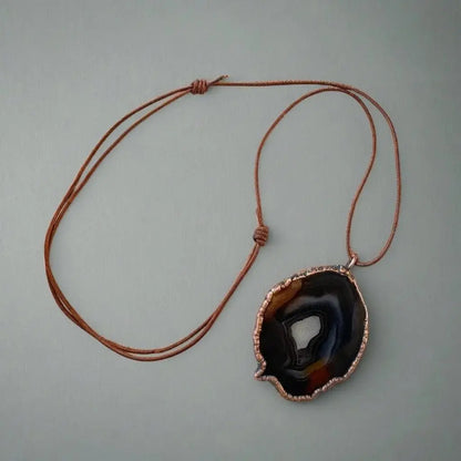 Electroformed Copper Blue Agate Slice Necklace: Handmade Boho Pendant - BlackbirdSageStudio