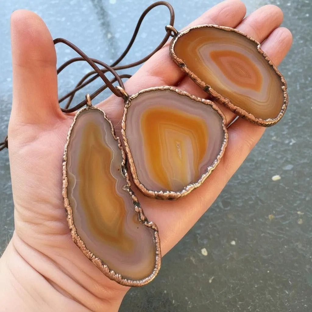 Red Agate Slice Necklace: Electroformed Copper Pendant, Leather Cord - BlackbirdSageStudio