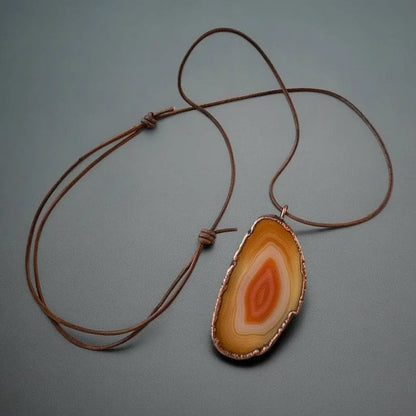 Red Agate Slice Necklace: Electroformed Copper Pendant, Leather Cord - BlackbirdSageStudio