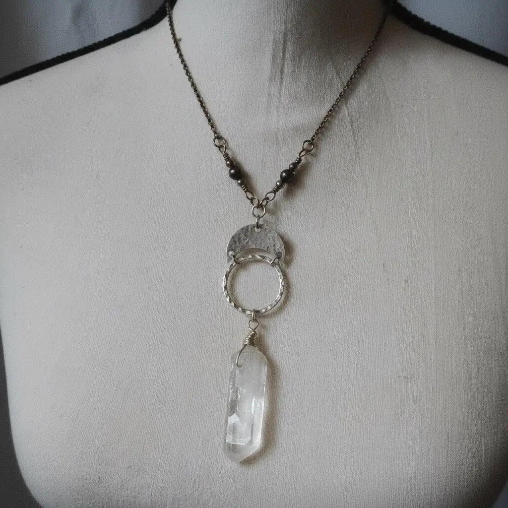 Handmade Quartz Double Point Necklace: Brass Boho Talisman - BlackbirdSageStudio