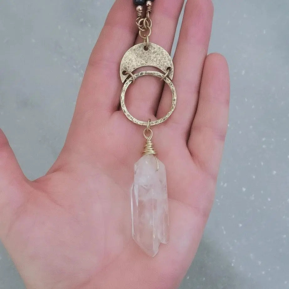 Handmade Quartz Double Point Necklace: Brass Boho Talisman - BlackbirdSageStudio