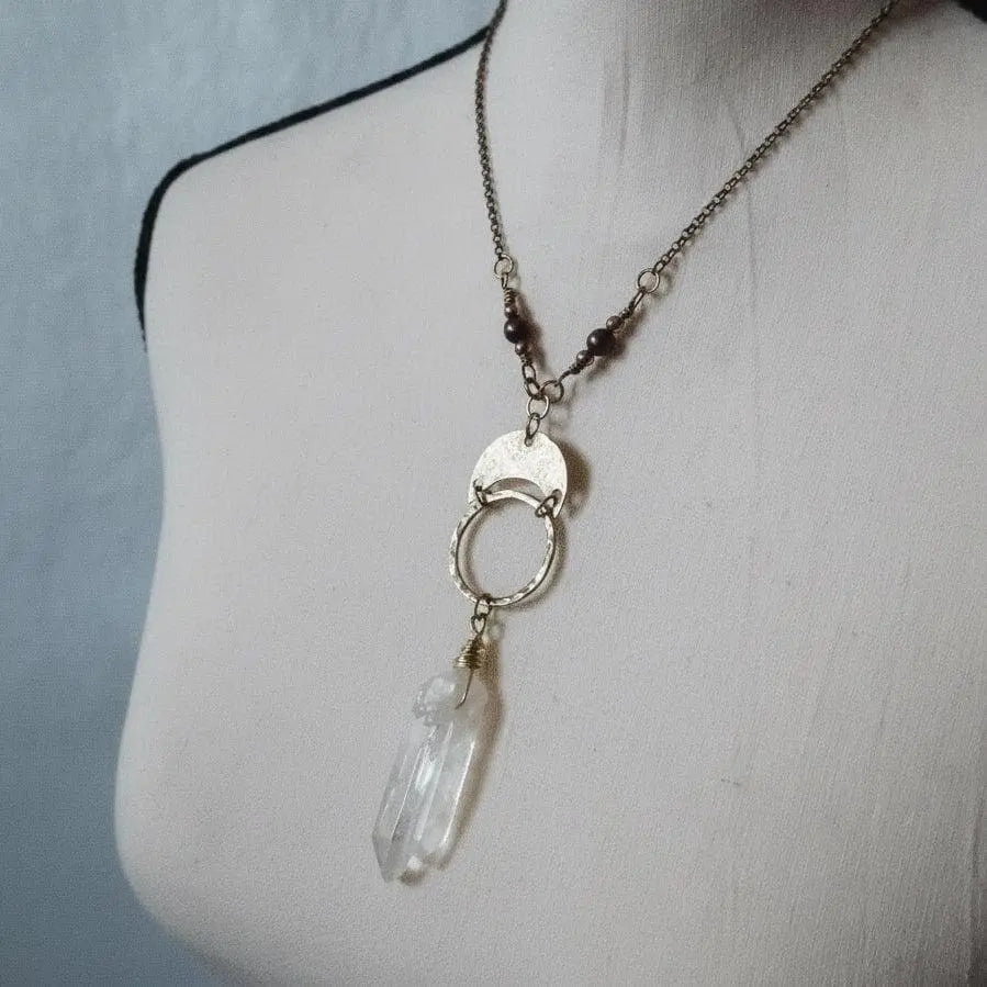 Handmade Quartz Double Point Necklace: Brass Boho Talisman - BlackbirdSageStudio