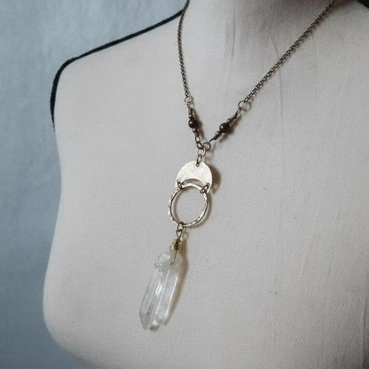 Handmade Quartz Double Point Necklace: Brass Boho Talisman - BlackbirdSageStudio