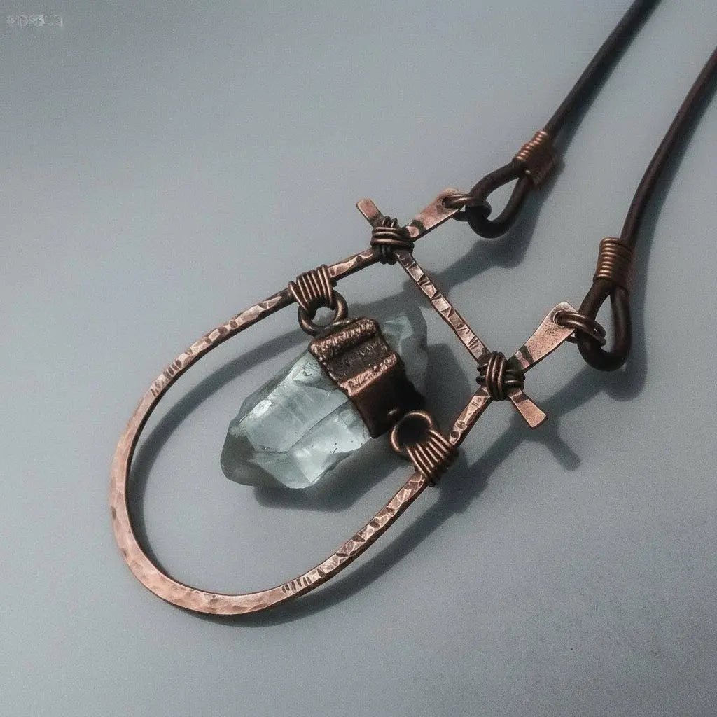 Quartz Talisman Necklace: Hand Hammered Copper Pendant, Leather Boho Necklace - BlackbirdSageStudio
