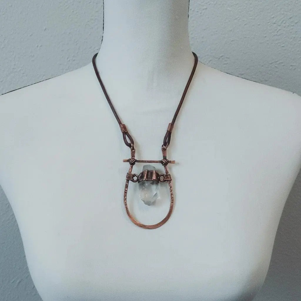 Quartz Talisman Necklace: Hand Hammered Copper Pendant, Leather Boho Necklace - BlackbirdSageStudio