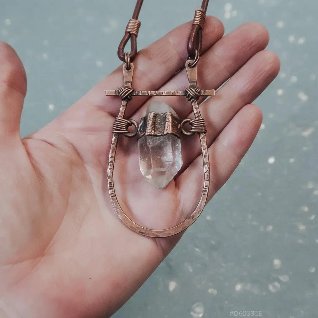 Quartz Talisman Necklace: Hand Hammered Copper Pendant, Leather Boho Necklace - BlackbirdSageStudio