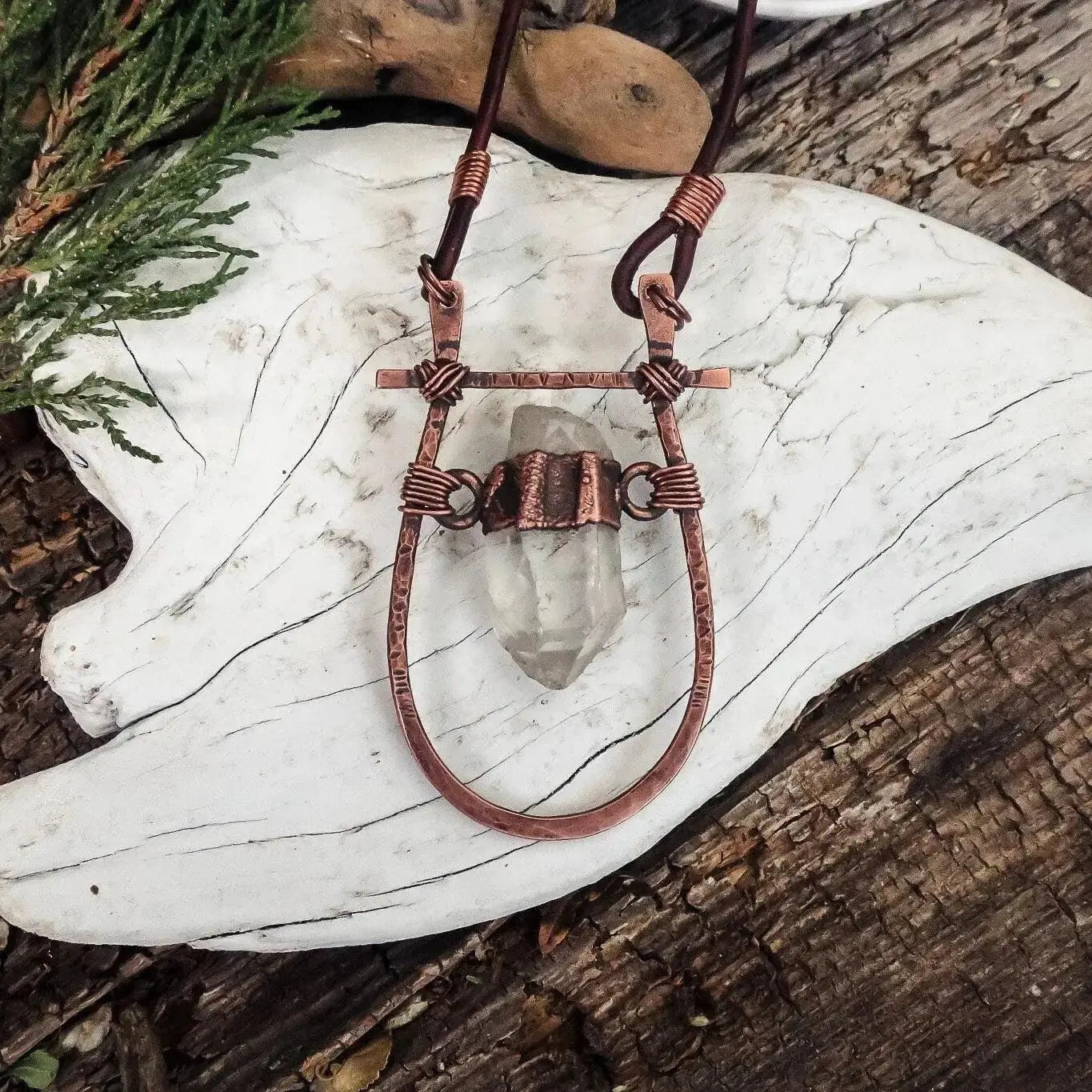 Quartz Talisman Necklace: Hand Hammered Copper Pendant, Leather Boho Necklace - BlackbirdSageStudio