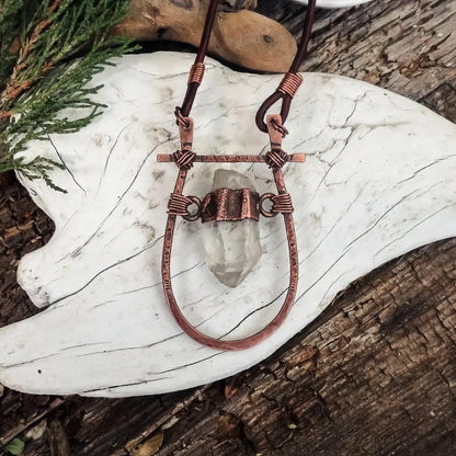 Quartz Talisman Necklace: Hand Hammered Copper Pendant, Leather Boho Necklace - BlackbirdSageStudio