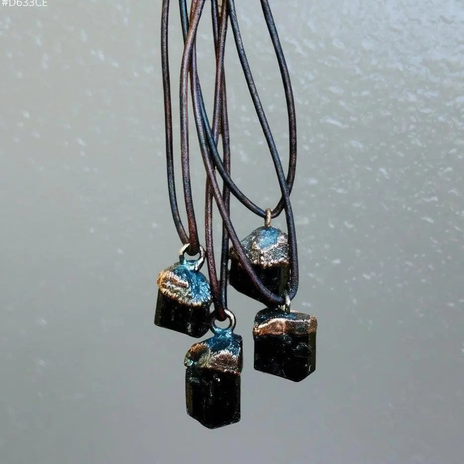 Raw Black Tourmaline Necklace: Copper Electroformed Leather Pendant - BlackbirdSageStudio