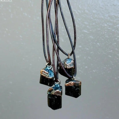 Raw Black Tourmaline Necklace: Copper Electroformed Leather Pendant - BlackbirdSageStudio