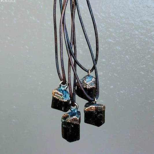 Raw Black Tourmaline Necklace: Copper Electroformed Leather Pendant - BlackbirdSageStudio
