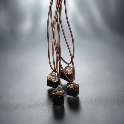 Raw Black Tourmaline Necklace: Copper Electroformed Leather Pendant - BlackbirdSageStudio