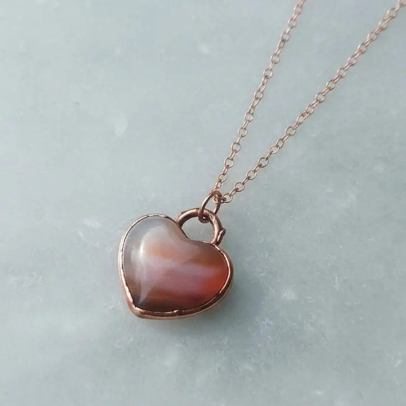 Electroformed Copper Carnelian Heart Necklace: Rose Gold Filled Chain - BlackbirdSageStudio