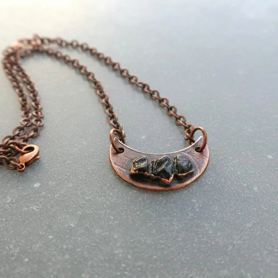 Electroformed Copper Black Tourmaline Crescent Moon Necklace - BlackbirdSageStudio