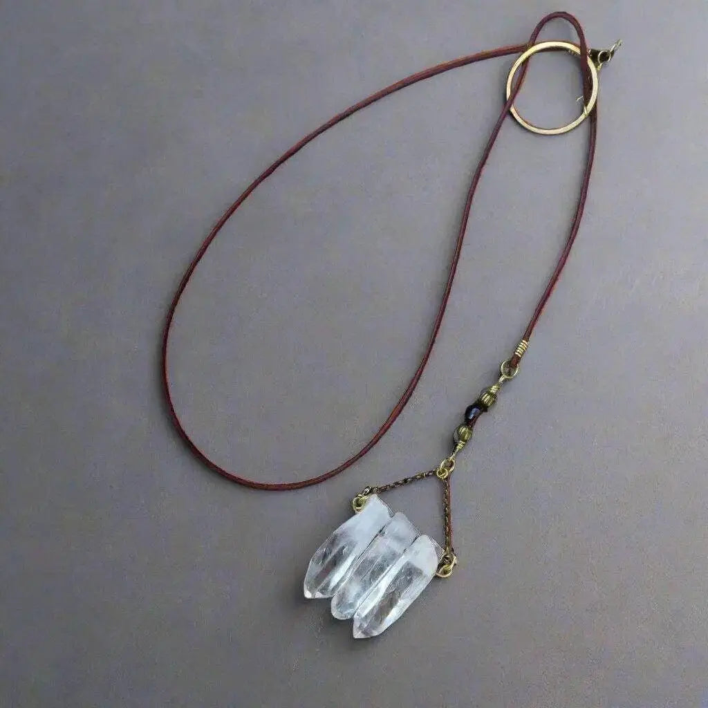 Quartz Crystal Lariat Necklace: Brass & Leather Boho Pendant - BlackbirdSageStudio
