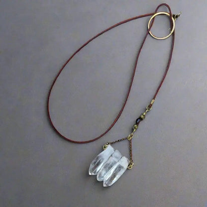 Quartz Crystal Lariat Necklace: Brass & Leather Boho Pendant - BlackbirdSageStudio
