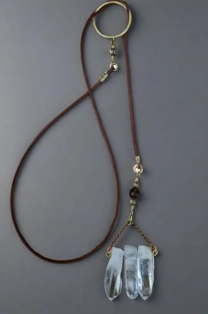 Quartz Crystal Lariat Necklace: Brass & Leather Boho Pendant - BlackbirdSageStudio