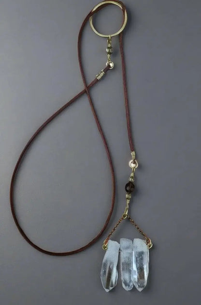 Quartz Crystal Lariat Necklace: Brass & Leather Boho Pendant - BlackbirdSageStudio