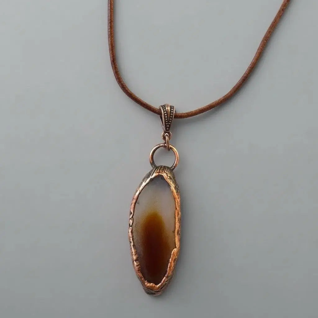 Electroformed Copper Agate Slice Pendant Necklace: Boho Leather Jewelry - BlackbirdSageStudio