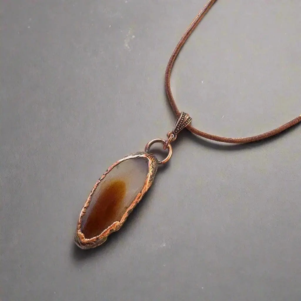 Electroformed Copper Agate Slice Pendant Necklace: Boho Leather Jewelry - BlackbirdSageStudio