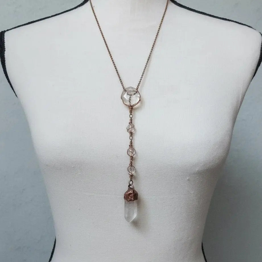 Raw Quartz Lariat Necklace: Copper Electroformed Crystal, Boho Gemstone Jewelry - BlackbirdSageStudio