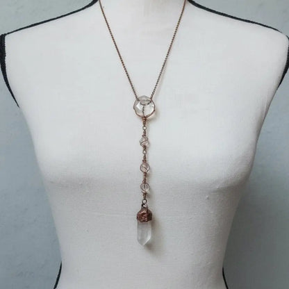 Raw Quartz Lariat Necklace: Copper Electroformed Crystal, Boho Gemstone Jewelry - BlackbirdSageStudio