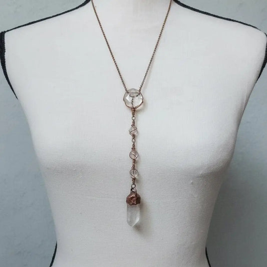 Raw Quartz Lariat Necklace: Copper Electroformed Crystal, Boho Gemstone Jewelry - BlackbirdSageStudio