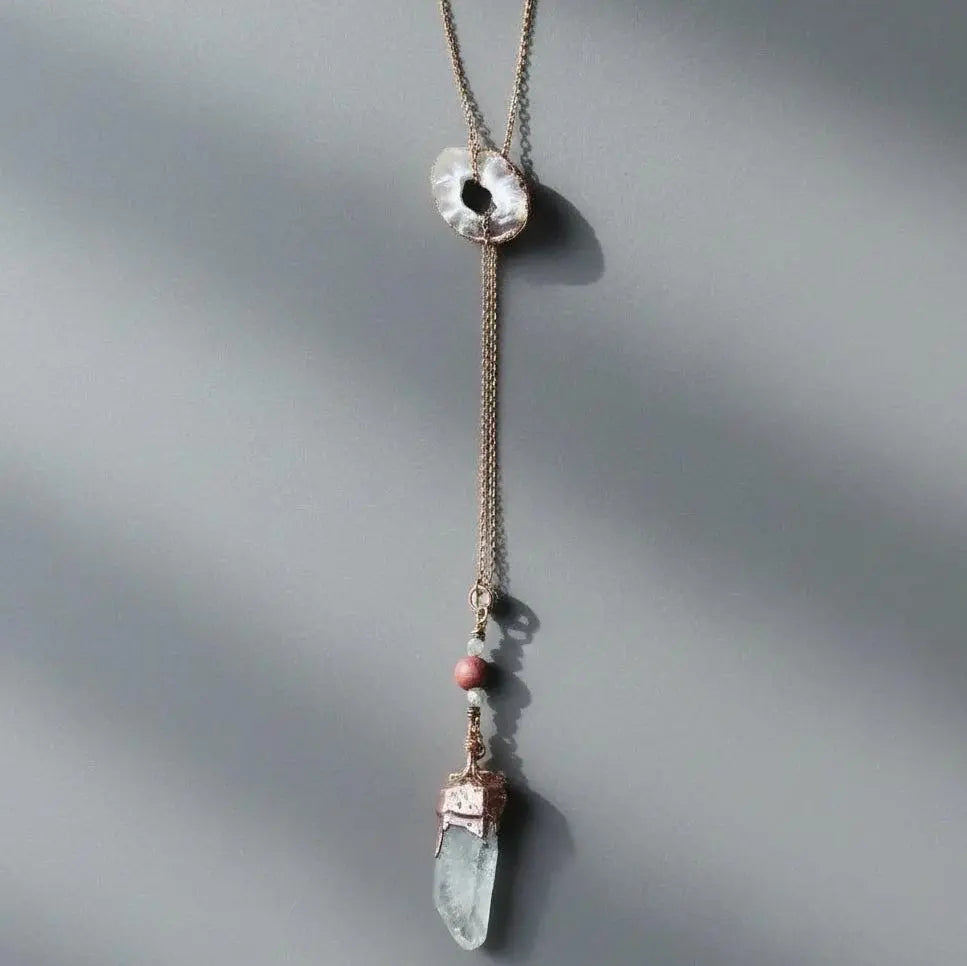 Raw Quartz Lariat Necklace: Copper Electroformed Crystal, Boho Gemstone Jewelry - BlackbirdSageStudio
