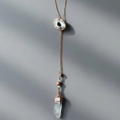 Raw Quartz Lariat Necklace: Copper Electroformed Crystal, Boho Gemstone Jewelry - BlackbirdSageStudio