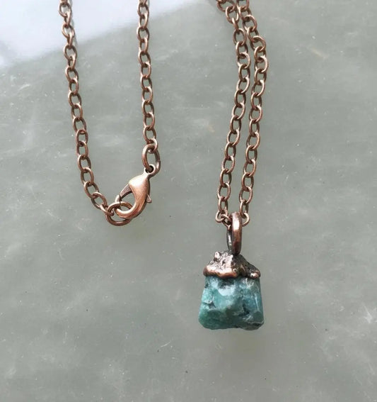 Raw Emerald Birthstone Pendant: Antique Copper Boho Necklace - BlackbirdSageStudio