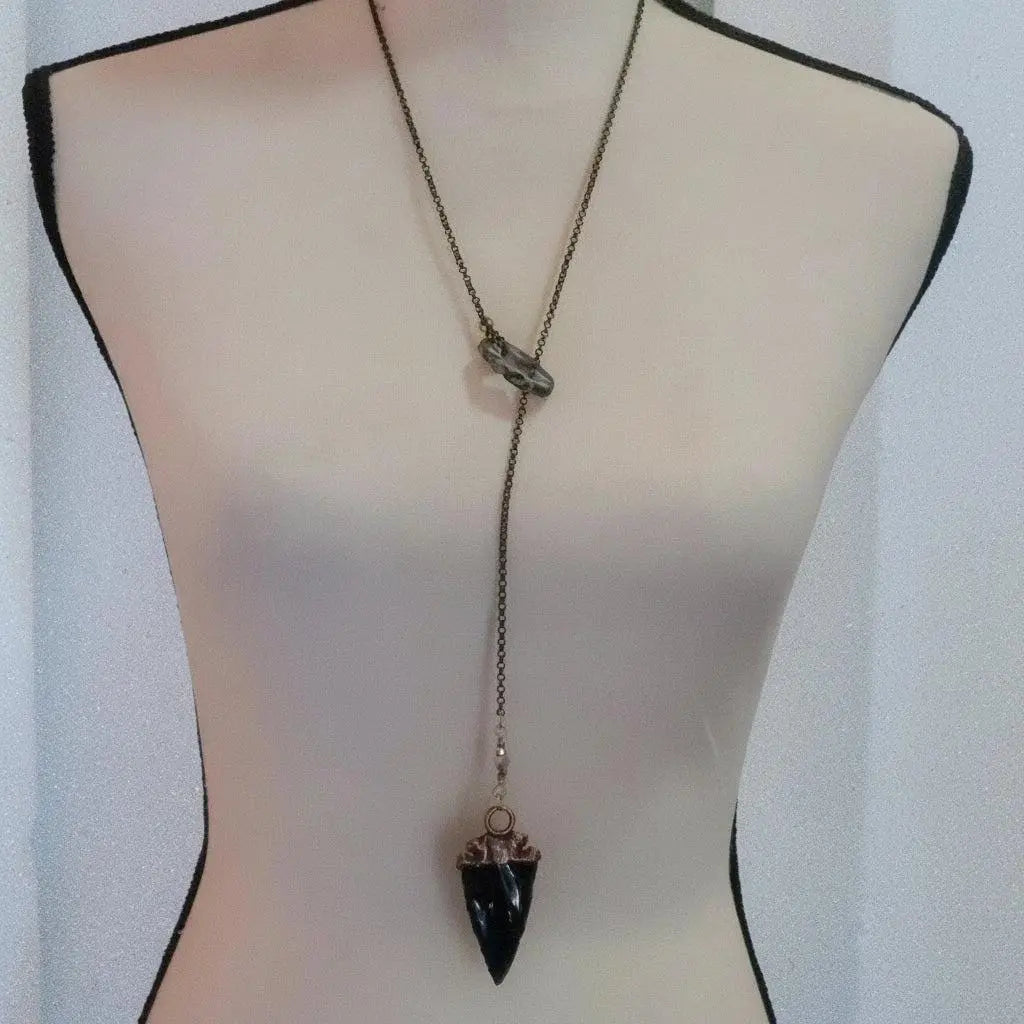 Black Obsidian Arrowhead Lariat Necklace: Boho Talisman Jewelry - BlackbirdSageStudio